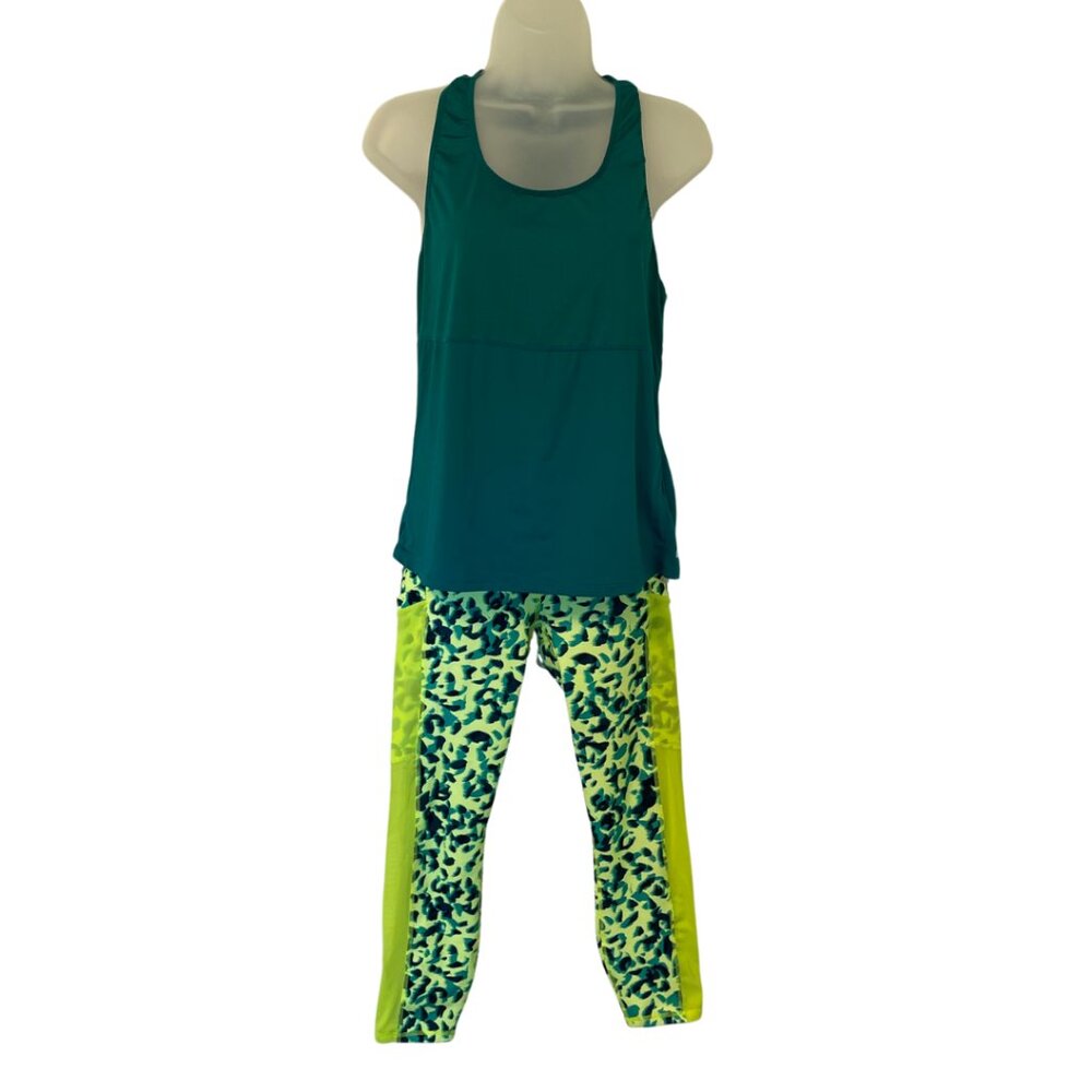Fabletics Workout outfit top and leggings | Teal, Lime Green, Animal Print | S